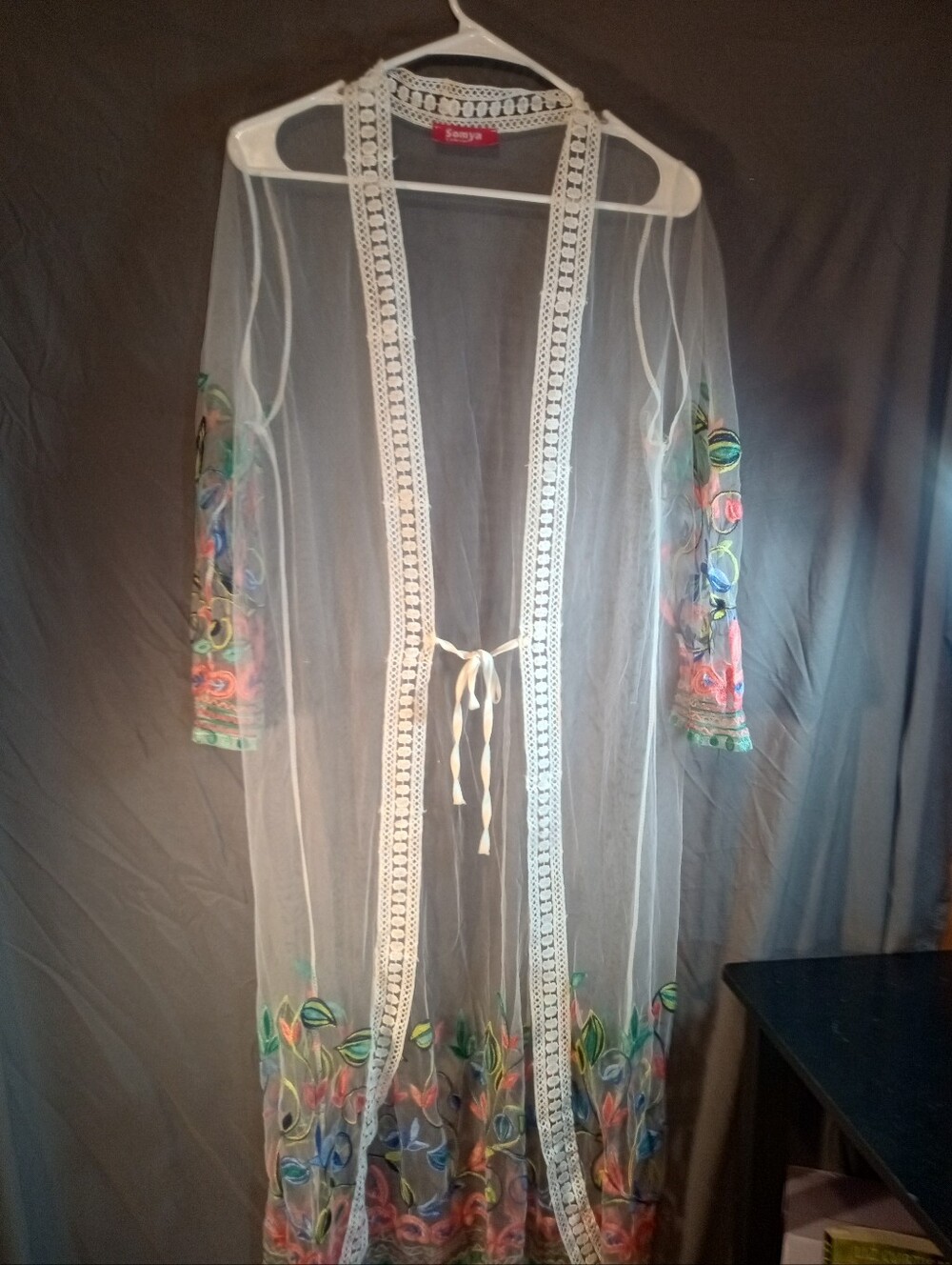 Somya Collection Sheer Embroidered Long Duster - Multicolor Floral Swim Cover Up